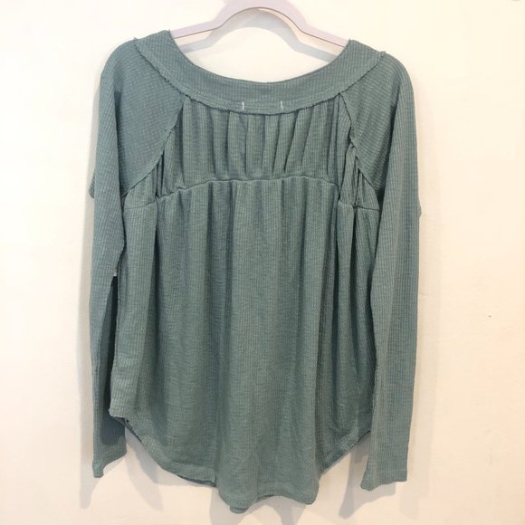 Free People Button Ribbed Oversize Sage Shirt Top - Picture 6 of 9